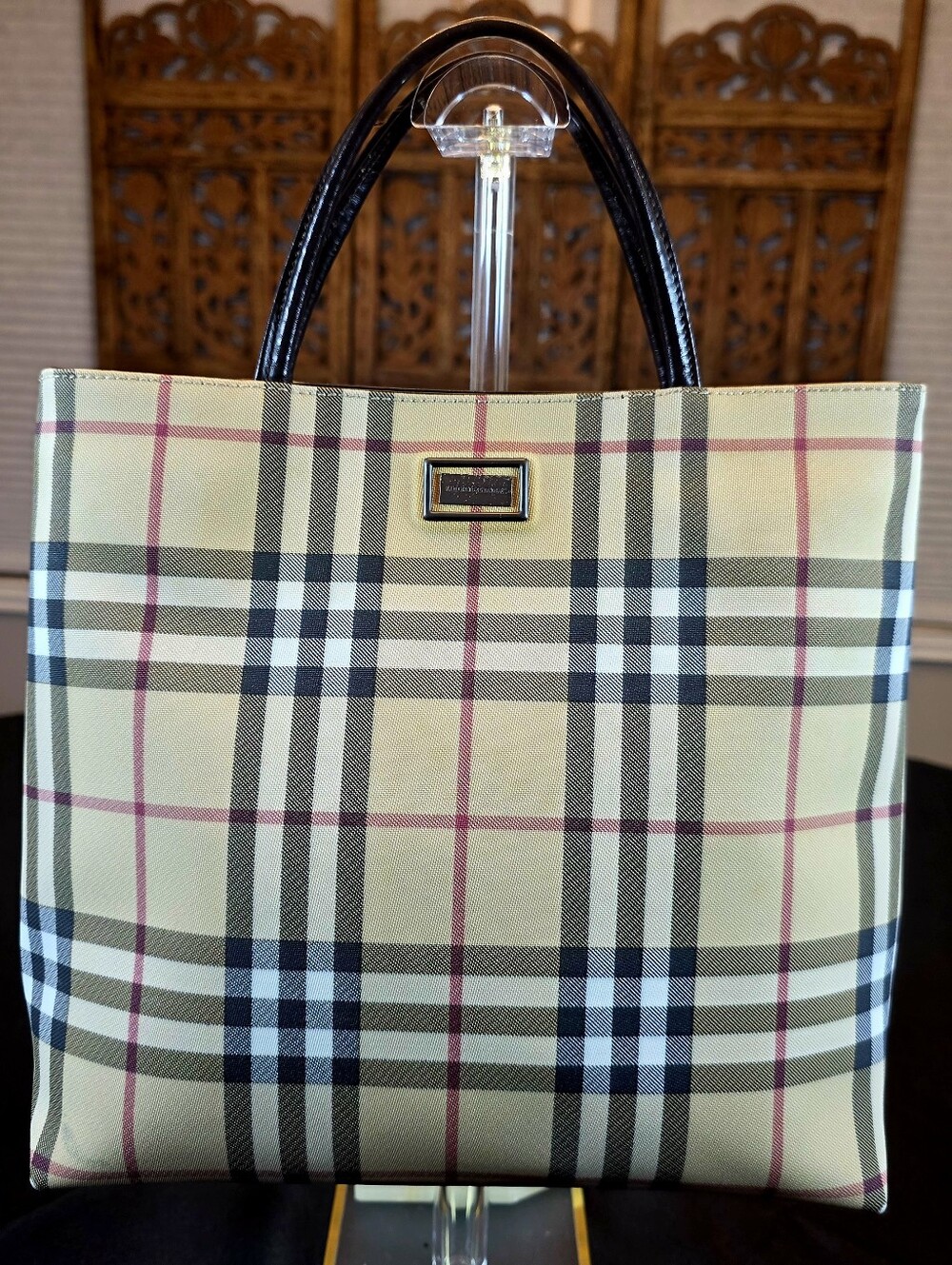 Authentic Burberry Nova Check Coated Canvas Tote Bag Brown Leather Made in Italy